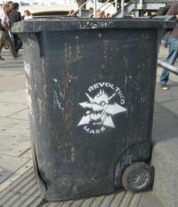 Hitler Suicide & Revolting Mass Stencils on Wheelie Bin, Embankment, London, UK Hitler Suicide & Revolting Mass Stencils on Wheelie Bin, Embankment, London, UK