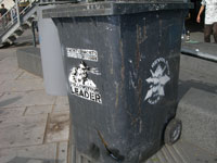Hitler Suicide & Revolting Mass Stencils on Wheelie Bin, Embankment, London, UK Hitler Suicide & Revolting Mass Stencils on Wheelie Bin, Embankment, London, UK