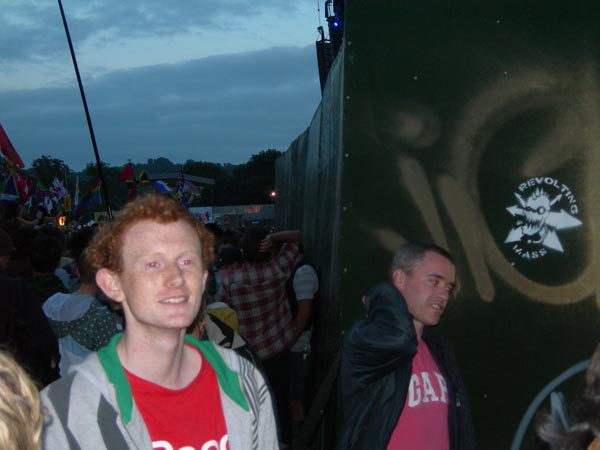 Revolting Mass logo on the side of the Pyramid main stage at Glastonbury Festival