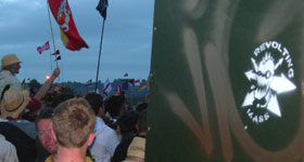 Revolting Mass at Glastonbury 2008, Shepton Mallet, Sommerset, UK Revolting Mass Stencil Graffiti at Glastonbury Festival 2008