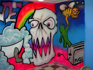 Completed Graffiti Mural: Rainbow, Skull, Bee & Toaster - Graffiti Lessons