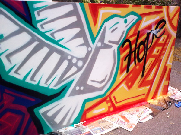Close up of the finished piece created at graffiti sessions at Tower Hamlet College with Revolting Mass & the students